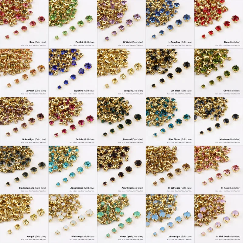 

Mixed size sewn rhinestone 24 colors and gold claw glass stone crystal for DIY decoration shoes and hats luggage decoration