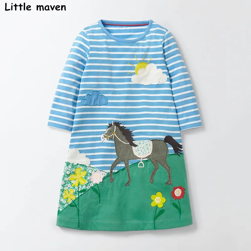 Little maven/Детские платья для девочек; Новинка г.; осенняя одежда для маленьких девочек; Платье с принтом травы, цветов, облаков, лошади; S0269