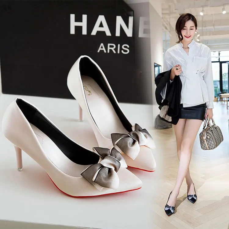 Новинка весна осень 2020 женские тонкие туфли с бантом на высоком каблуке острым
