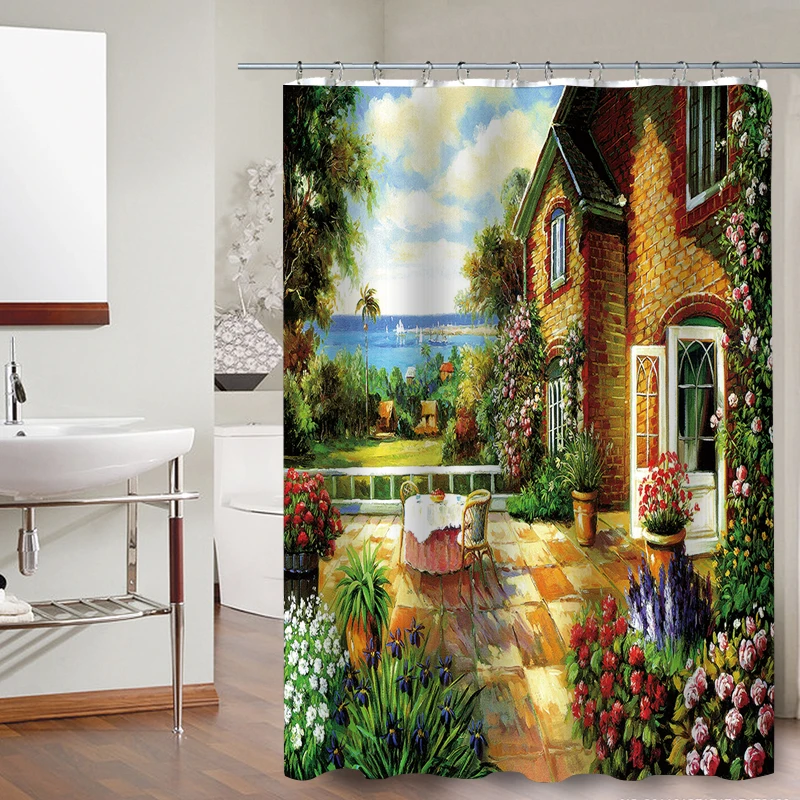 FOKUSENT High Quality Print Beautiful Seaside Town and Flowers Garden Polyester Fabric Bathroom Waterproof 3D Shower Curtains | Дом и сад