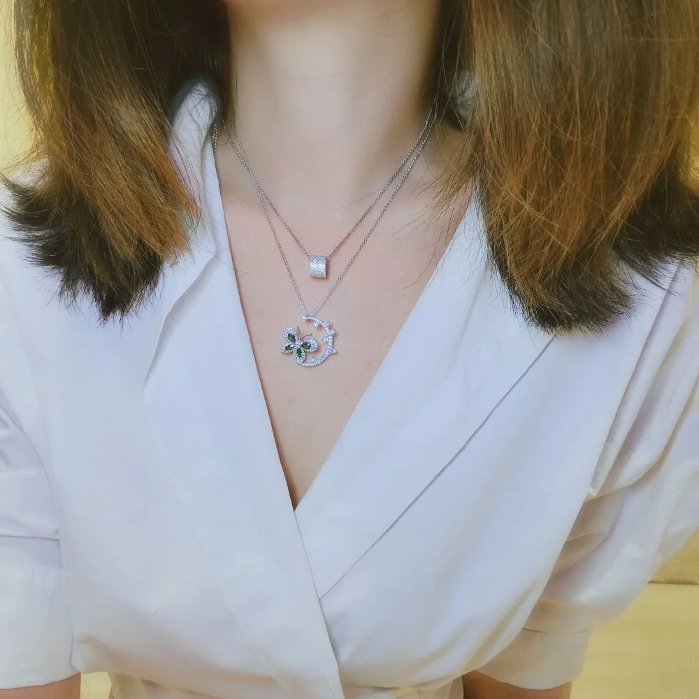 SLJELY Luxury 925 Sterling Silver Mentha Mint Green Cubic Zirconia Butterfly Flower Pendant Necklace Fine Women Brand Jewelry | Украшения и
