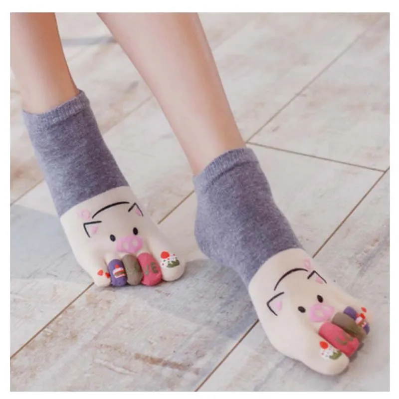 Женские носки милые короткие хлопковые с рисунком поросенка 5 пальцами забавные