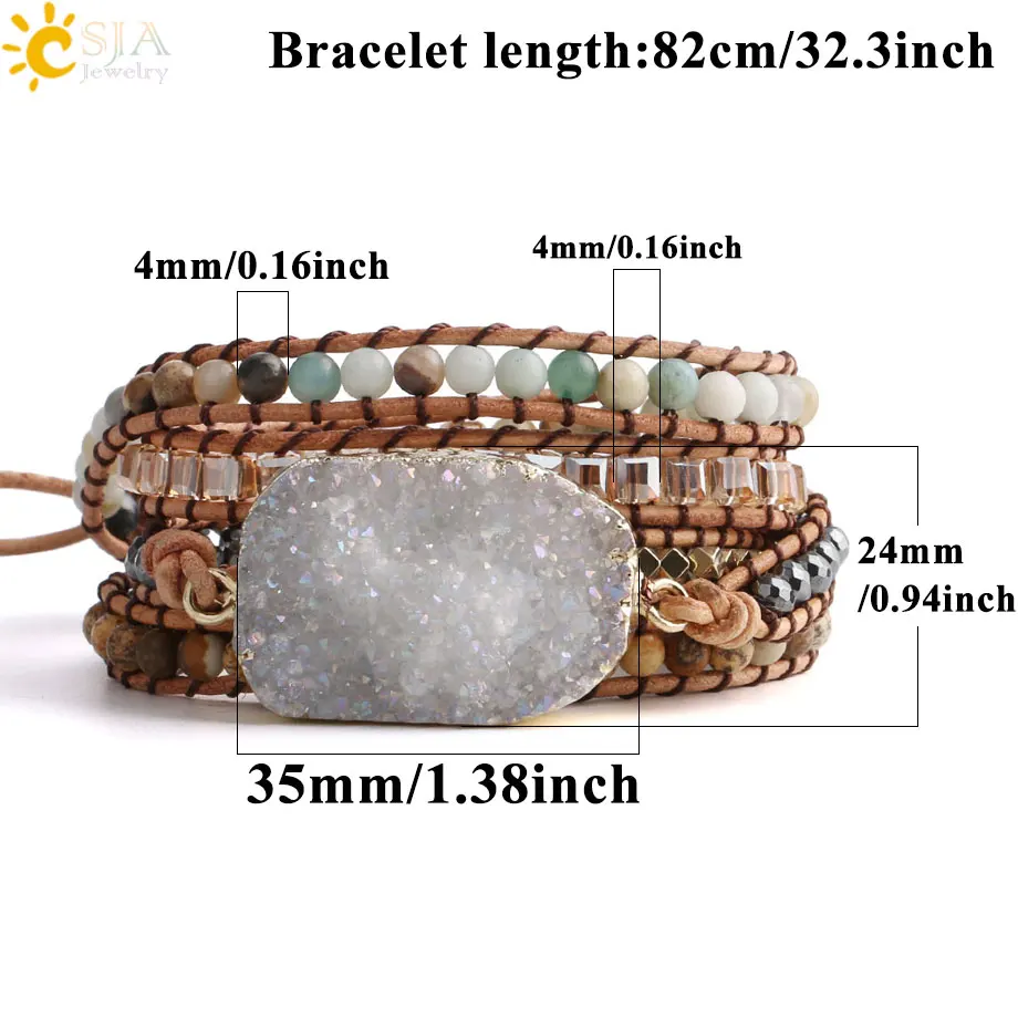 CSJA Boho кожаные браслеты для женщин натуральный белый кристалл Geode Druzy камень бусины для женщин браслет богемный многослойный S424