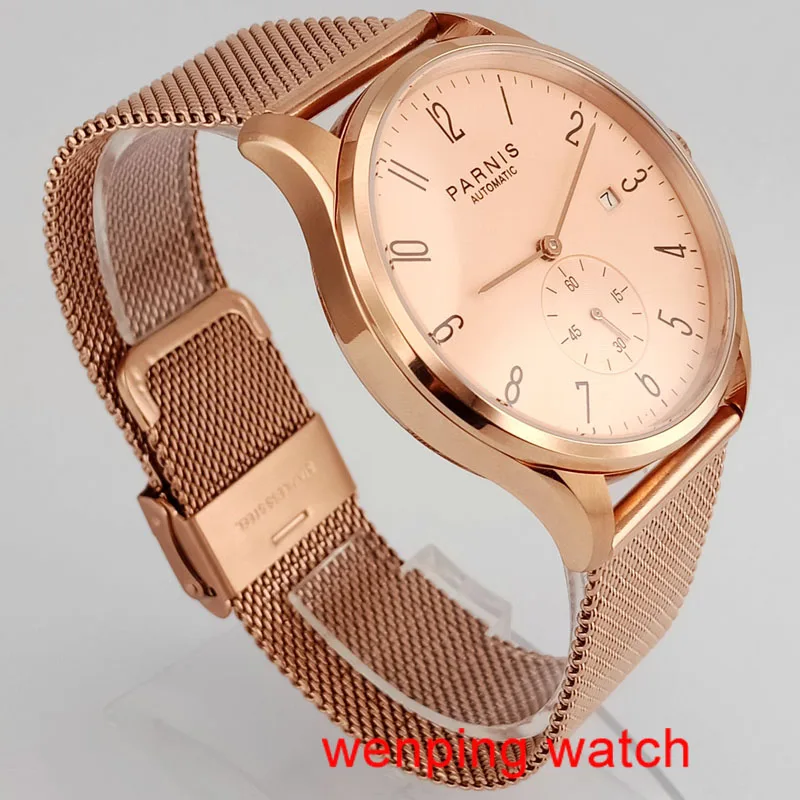 41 мм Parnis Дата Розовое Золото Стальной ремешок чехол Азия автоматическое движение