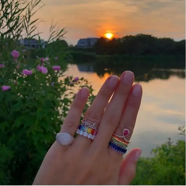 Fashion Gold filled fine jewelry rainbow square baguette cz engagement ring for women colorful cubic zirconia eternity band | Украшения и