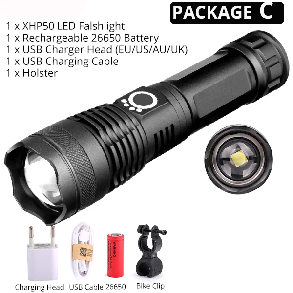 Package C 20000LM самый мощный XHP50 светодиодный велосипедный флэш-светильник USB Перезаряжаемый USB зум велосипедный светильник фонарь 18650 26650 для наружного велосипеда светильник - Цвет: Package C