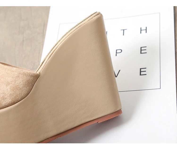 Обувь на платформе; женские шлепанцы из флока; zapatos mujer; коллекция года; женские шлепанцы; обувь на танкетке и высоком каблуке; лоферы; сандалии; Цвет абрикосовый, черный