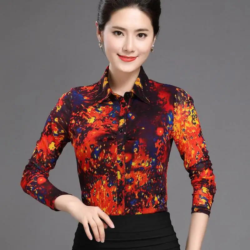 Fall Spring Fashion Office Lady Woman Slim Fit Stretch Floral Full Sleeve Blouse Shirt , 4xl Painted Elastic Blouses For Woman