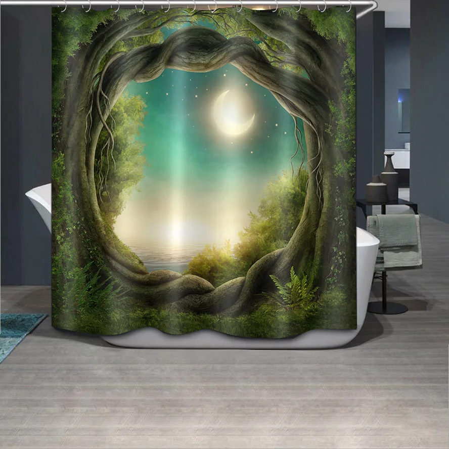 72'' Wonderland Tree Hole Sunset And Moon Stars Bathroom Waterproof Fabric Shower Curtain Polyester 12 Hooks Bath Accessory Sets | Дом и