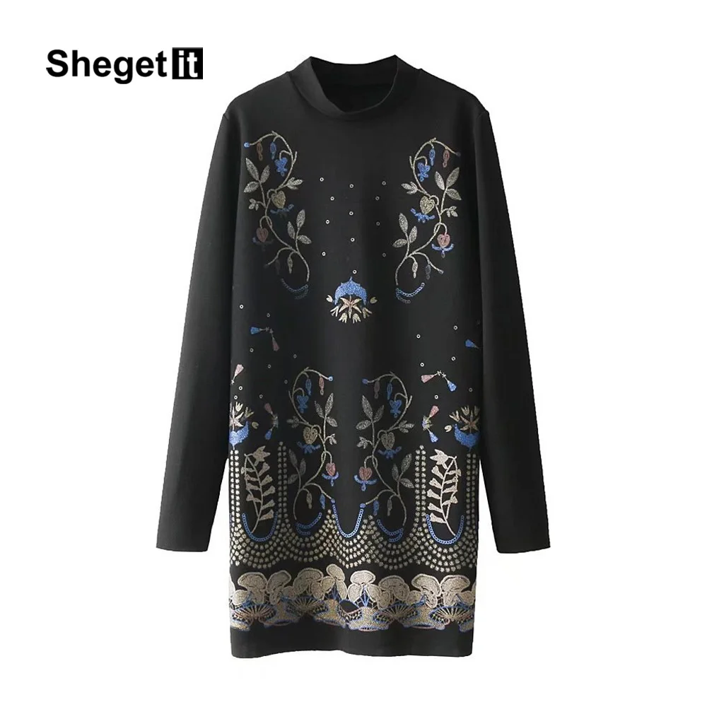 Shegetit зима Винтаж печати с длинным рукавом платье мини Для женщин Vestido o Средства