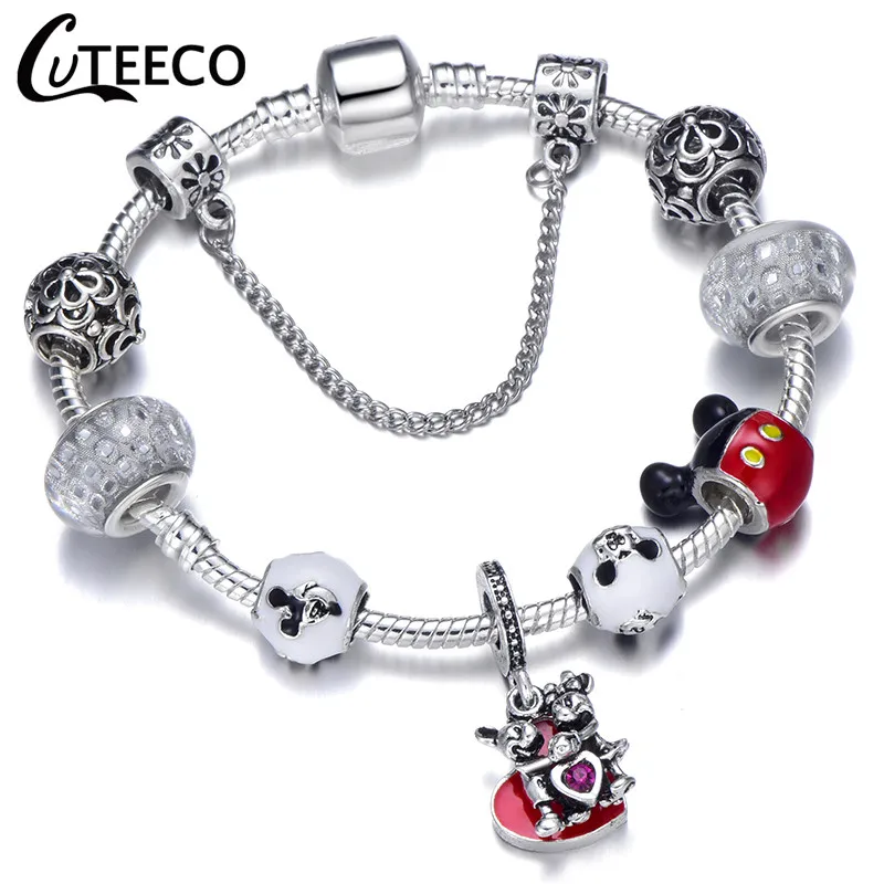 CUTEECO старинные серебряные талисманы браслеты для женщин Новые Микки хрустальные бусины для рукоделия Fit брендовый браслет для женщин Pulseira ювелирные изделия - Окраска металла: C