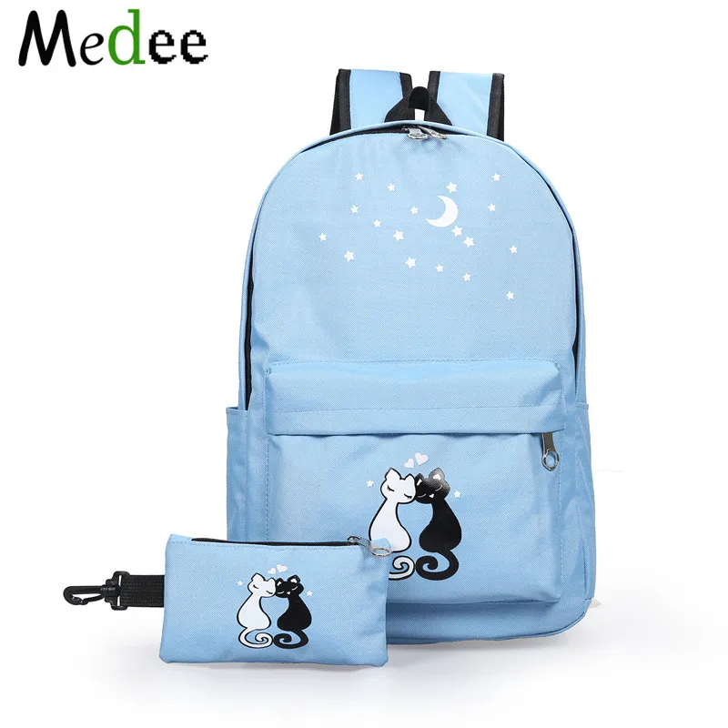 Женский рюкзак 2018 2 шт./компл. школьный холщовый с рисунком кота для