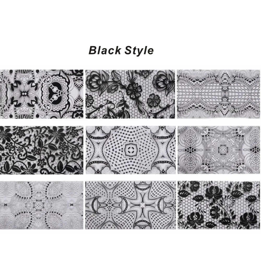 9 шт./лот переводная Фольга для ногтевого дизайна белые черные кружевные наклейки