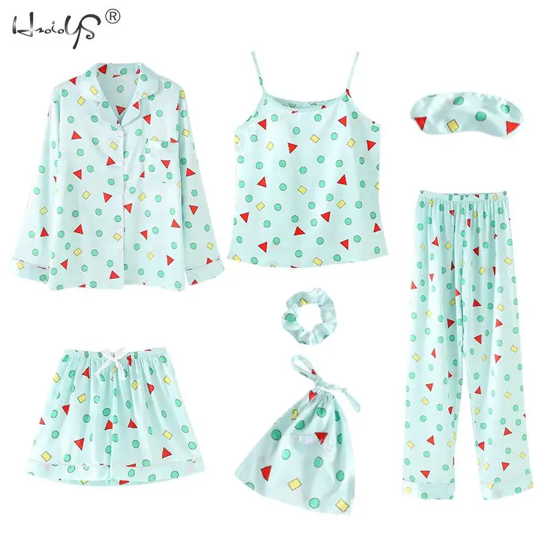 Stripe Printing Women's 7 Pieces Pajamas Sets Emulation Silk Satin Pajamas Women Sleepwear Sets Spring Summer Autumn Homewear