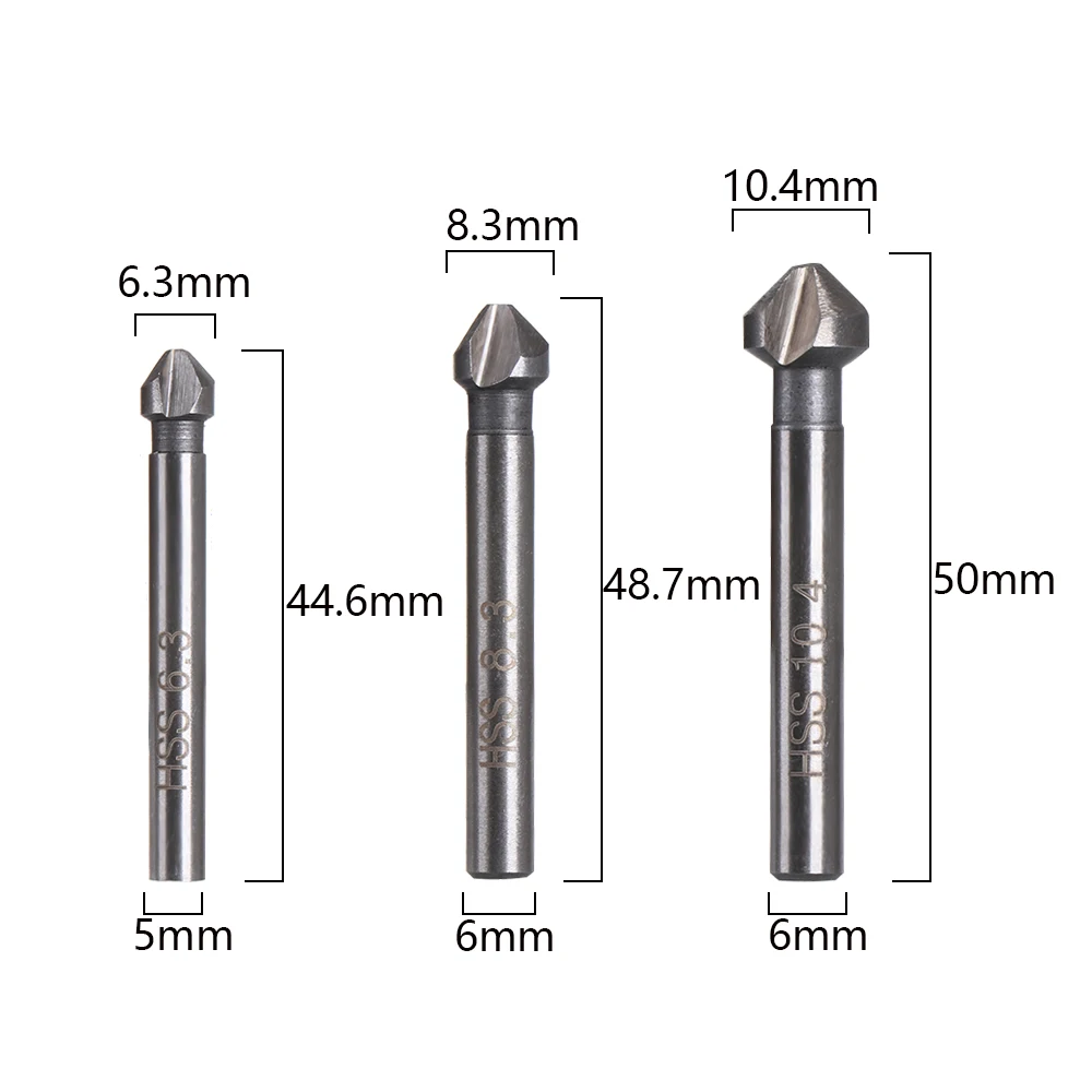 

6.3/8.3/10.4/12.4/16.5/20.5mm 3 Flute Countersink Drill Bit Round Handle 90 Degree HSS Wood Steel Chamfer Cutter Tool
