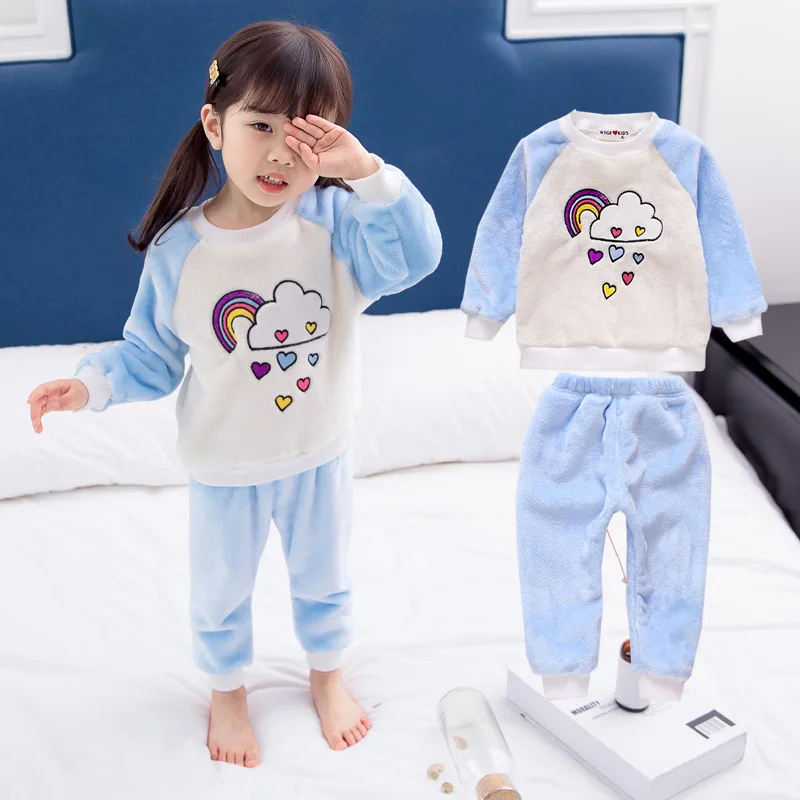 Детские фланелевые пижамные комплекты радужной расцветки теплая зимняя одежда