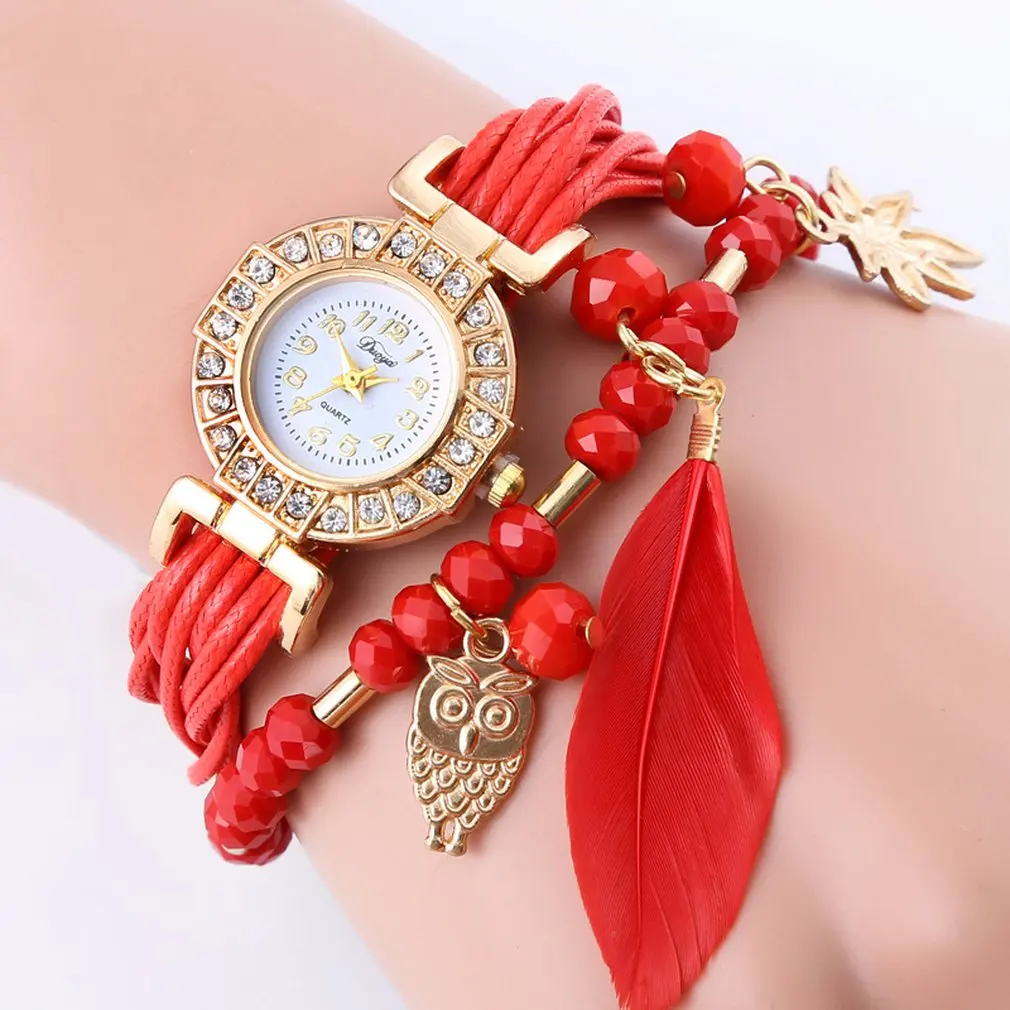 Женские наручные часы с перьями совы Висячие кварцевые модные кожаные женские