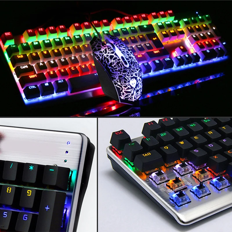 Многоцветная Радужная светодиодный с подсветкой механическое ощущение USB Проводная игровая клавиатура и мышь комбо для работы или игры, полный размер