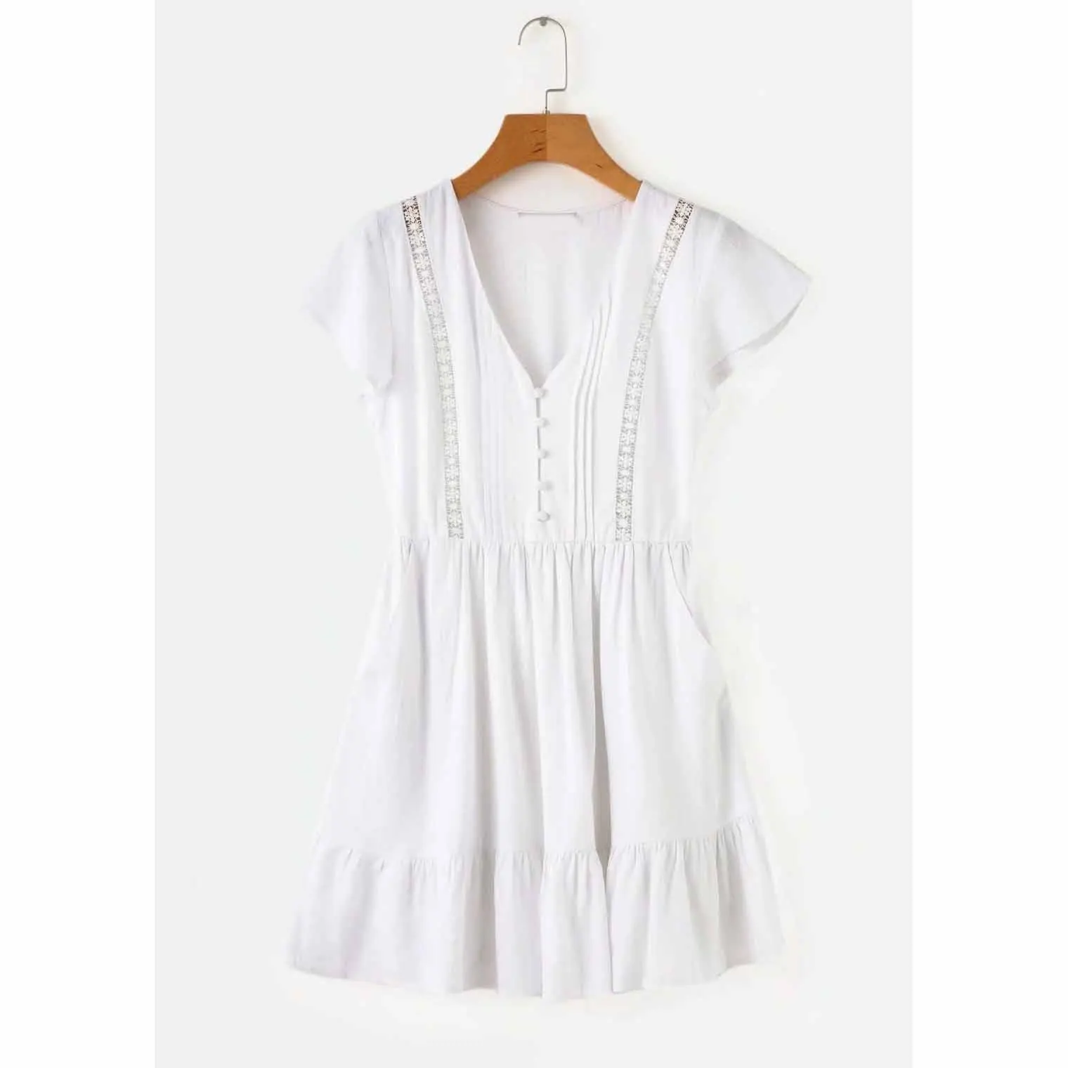 Женское короткое платье с оборками Boho белое кружевное v-образным вырезом и