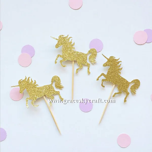 

12pcs free shipping Glitter paper unicorn horse design Wedding Birthday Party Cakes Toppers Christmas Party Favors cupcake picks