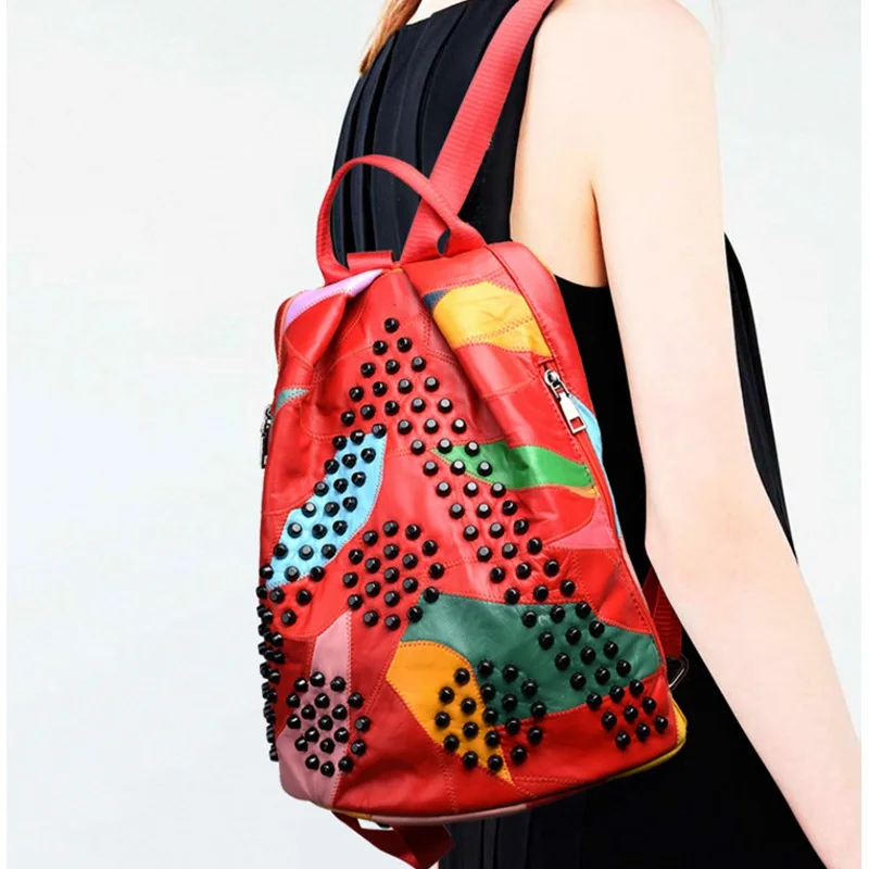 Модные яркие Для женщин мягкий кожаный рюкзак дамы черный заклепки Винтаж