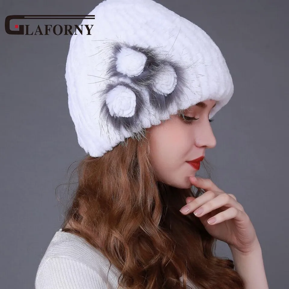 Женская вязаная шапка Glaforny меховая из натурального меха Рекс и кроличьего с