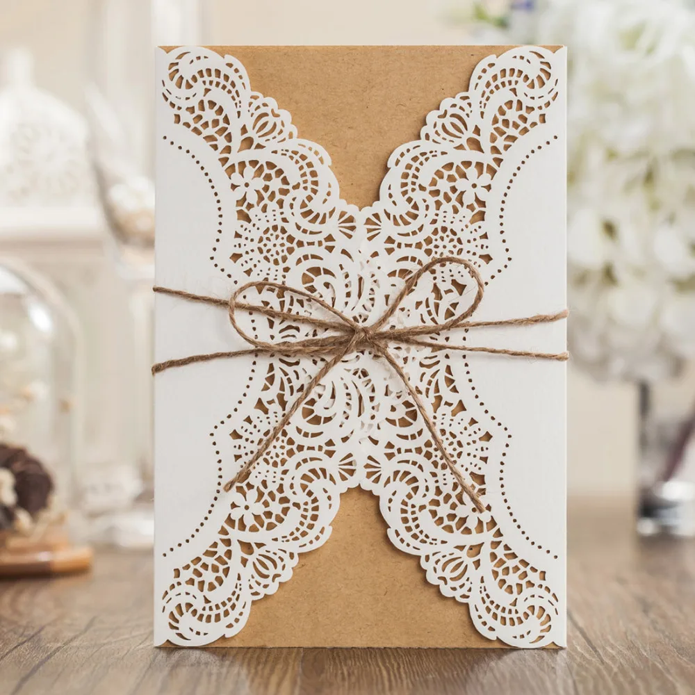 

50pcs Rustic Laser Cut Wedding Invitations Cards Lace Sleeve Pocket Burlap Tie for Engagement Baby Shower Birthday Favors