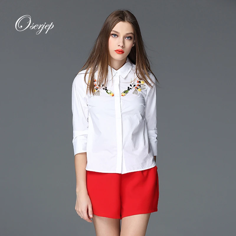 100% Хлопок 2016 Oserjep Лето Женщины Белая Кофточки 7 Очков рукавом Выключите Воротник