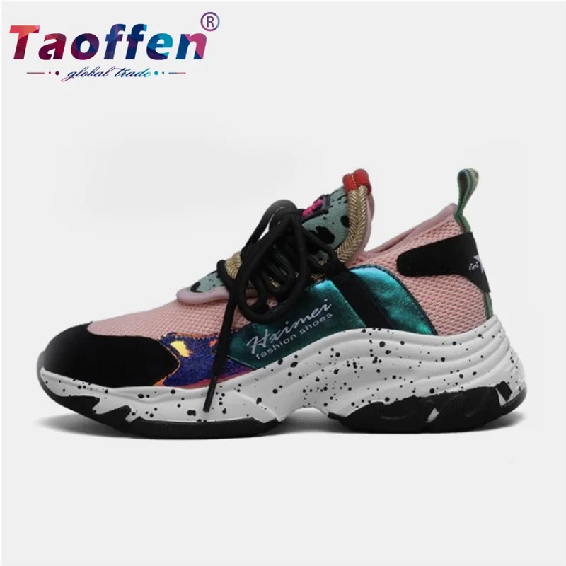Taoffen Real Leather Women Casual Running Shoes Flock Platform White Sneakers Daily Wedges For Footwear Size 34-40 | Спорт и