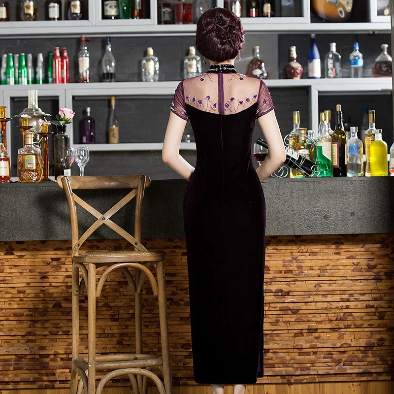 Сексуальное женское платье из велюра с китайским традиционным вырезом на спине, ручной работы, украшенное пайетками и бисером. Чипао новых женщин, длинное вечернее платье.