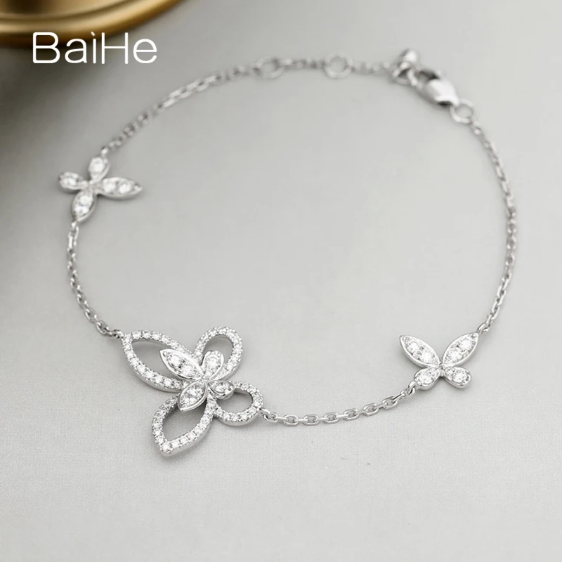 

BAIHE Solid 18K White Gold 0.78CT H/SI Natural Diamond Butterfly Bracelet Trendy Fine Jewelry Making سوار الفراشة pulseras mujer