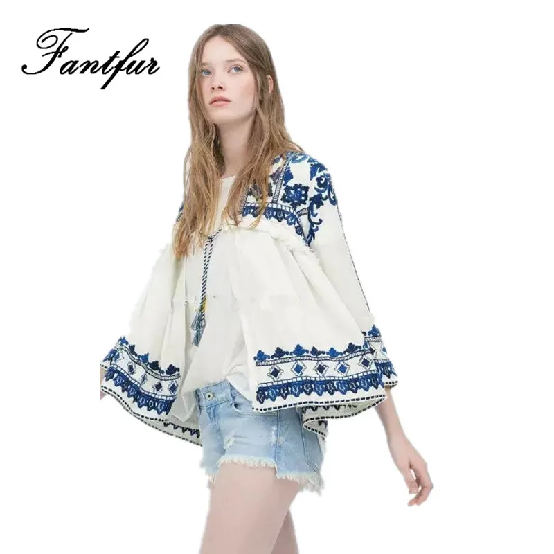 Fantfur Для женщин Boho люди Этническая Вышивка Блузки для малышек Цветочный принт
