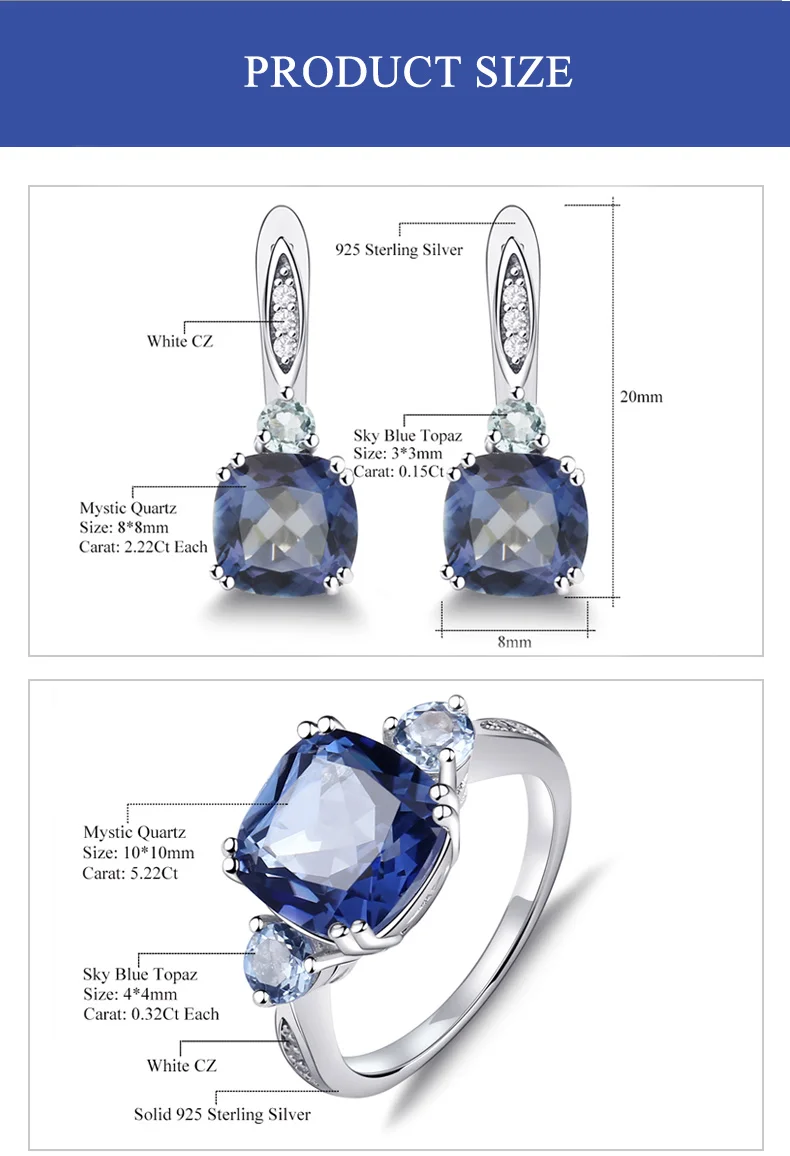 GEM'S балетный квадратный 9.62ct натуральный иолит Синий Мистический Кварц Модный Ювелирный Набор 925 пробы серебряные серьги набор колец для женщин