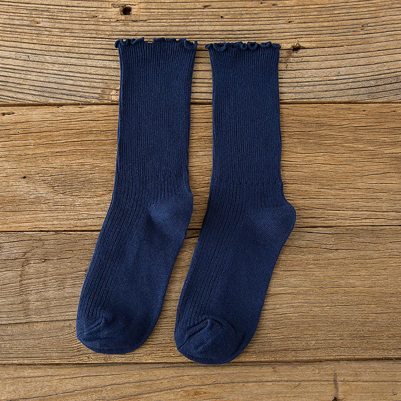 navy blue Jeseca Горячая осень модные женские туфли зимние теплые носки Kawaii с оборками для девочек милые носки женский Harajuku Винтаж Streerwear - Цвет: navy blue