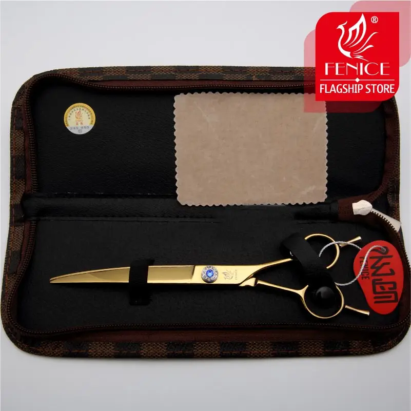 

Fenice 7.0 /7.5 inch Japan 440C pet dog hair grooming scissors cutting curved blade 25 degrees golden and black shears