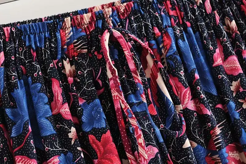 Vintage chic women Hippie birds floral print beach Bohemian pleated skirt High Elastic Waist Maxi A-Line Boho Skirt Femme
