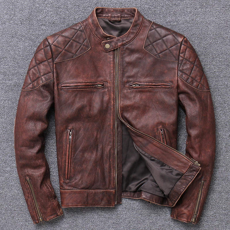

Men Genuine Leather Jacket Vintage Grey And Brown Biker Genuine Leather Jacket For Men Cow Leather