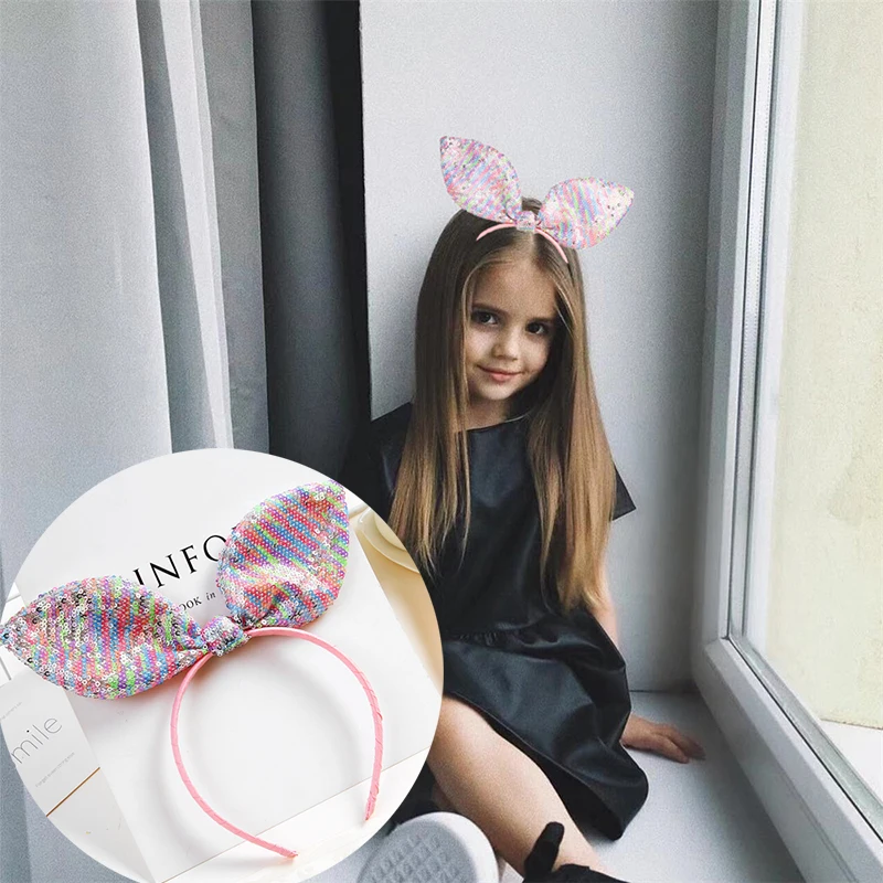Милые цветные заячьи кроличьи уши ободки для девочек радужные большие блестки