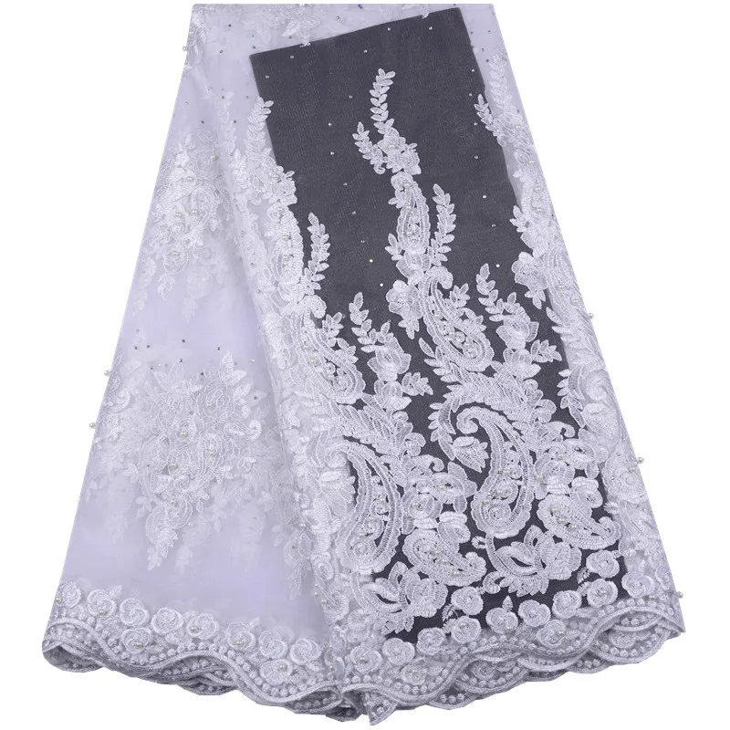 

Hot Selling Nigeria Embroidery Lace Pure White French Net Lace Fabric With Beads African Tulle Lace Fabric For Party S1492