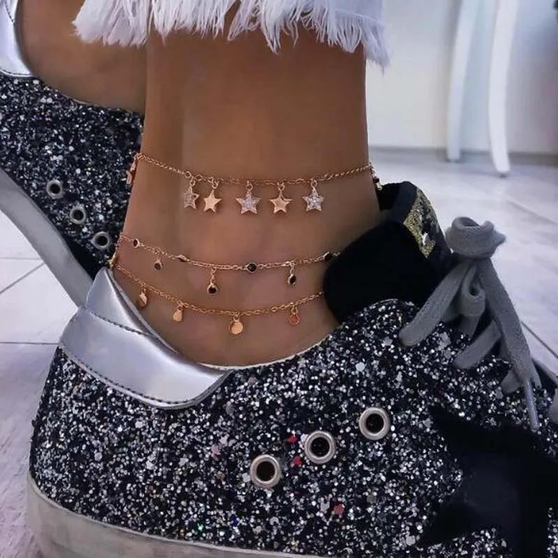 3 шт./компл. лодыжки цепи Женский Круглый блёстки со стразами Star черный шарик