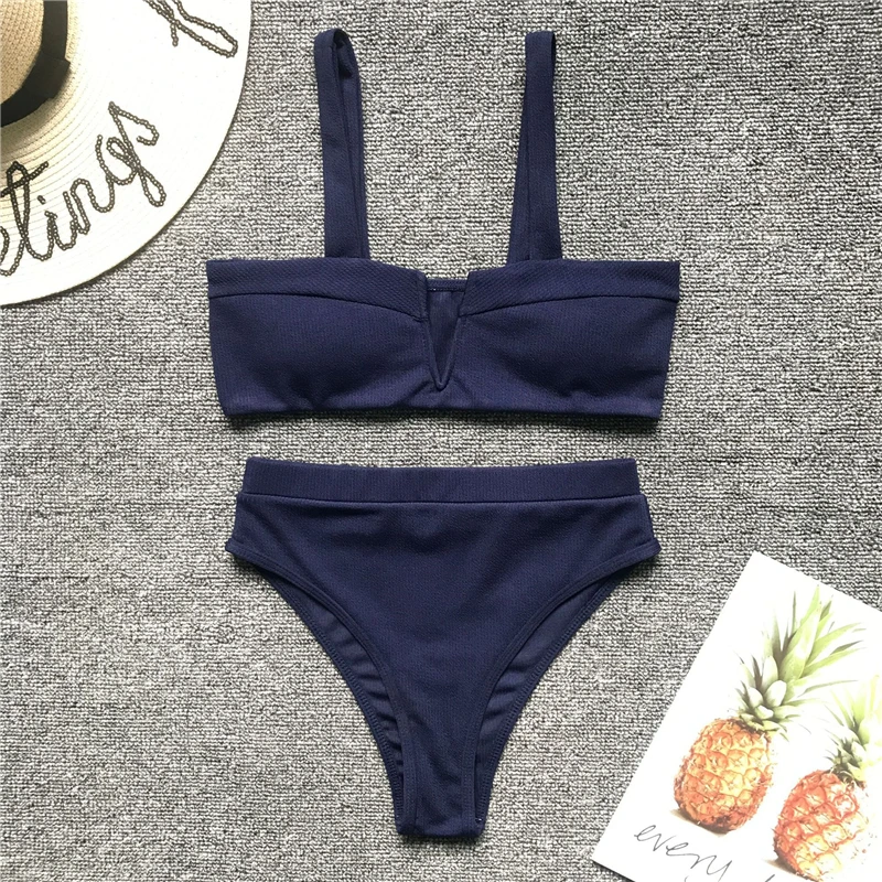 2019 Women Swimsuit Push-up Bikini Set V-neck Sexy High Waist Bikinis Solid Color Plavky Biquinis Bather Swimwear Bathing Suit |