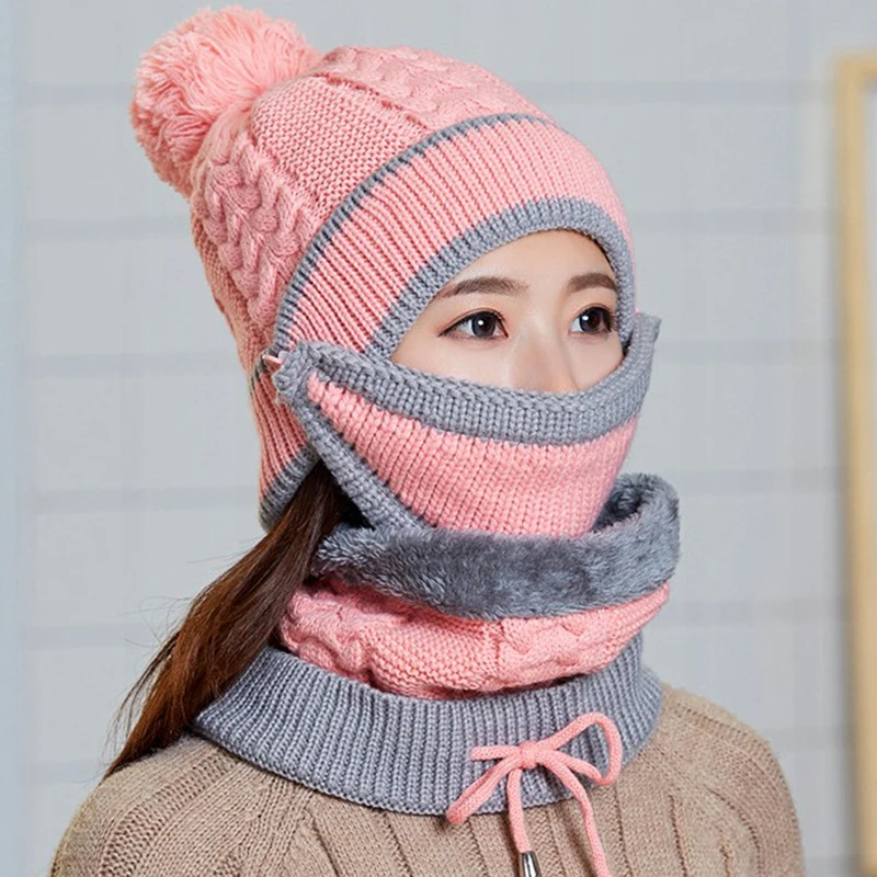 Pink2 Женские зимние шапки, вязаные утолщенные шапки с теплой маской и шейным шарфом, комплекты для водителя, ветрозащитные комплекты, шарф, шапка и перчатки - Цвет: Pink2