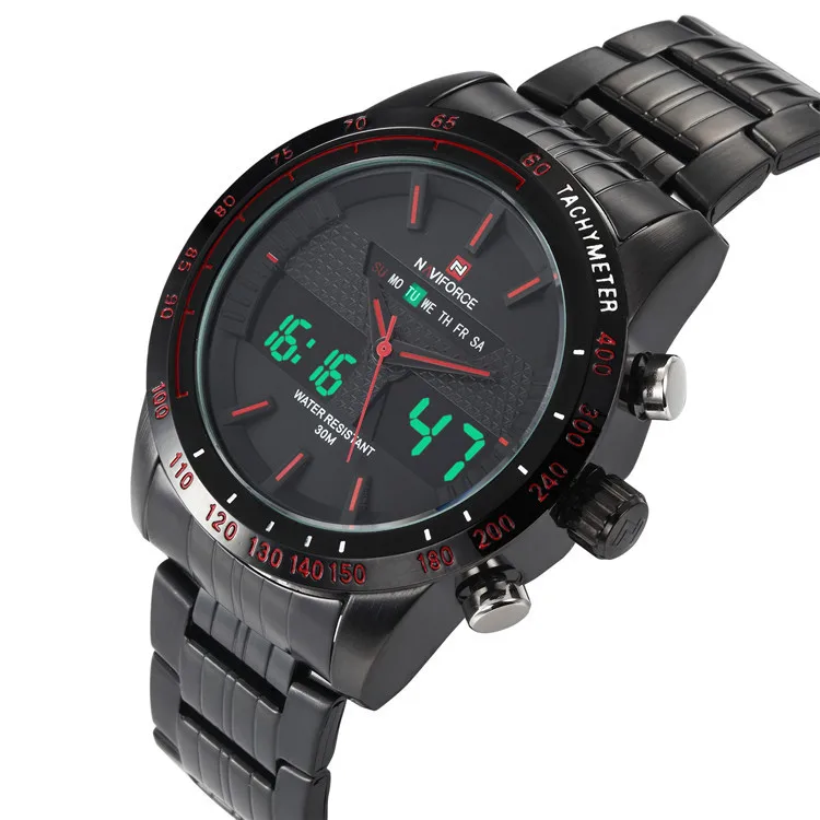 Black Red Мужские кварцевые цифровые аналоговые часы мужские полностью Стальные наручные часы люксовый бренд NAVIFORCE мужские модные спортивные часы relogio masculino - Цвет: Black Red