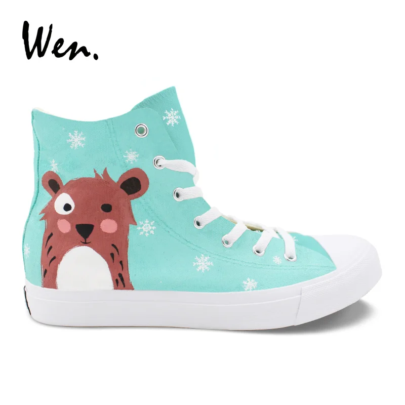 

Wen Boys Girls Casual Shoes Cartoon Bear Snowflake Hand Painted Sneakers Canvas Lacing Flat Loafers High Top Teens Plimsolls