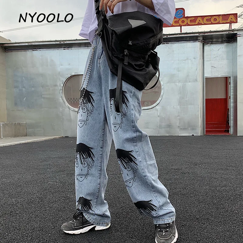 NYOOLO Harajuku, винтажные свободные джинсовые штаны в стиле хип-хоп с изображением комиксов, повседневные длинные прямые джинсы для мужчин и женщин, уличная одежда