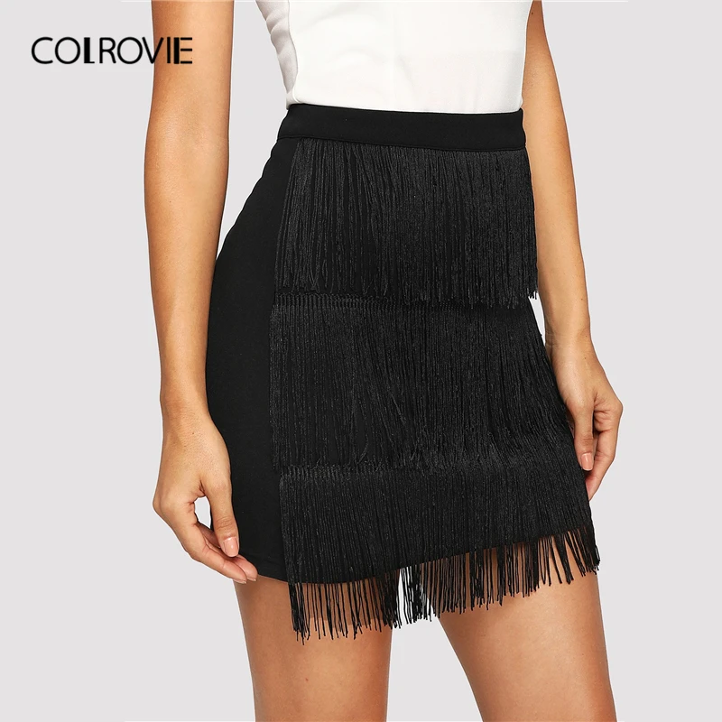 COLROVIE, черная, с высокой талией, многослойная, с бахромой, сексуальная, облегающая юбка, весна, карандаш, Офисная Женская юбка для женщин, Клубная, мини юбка