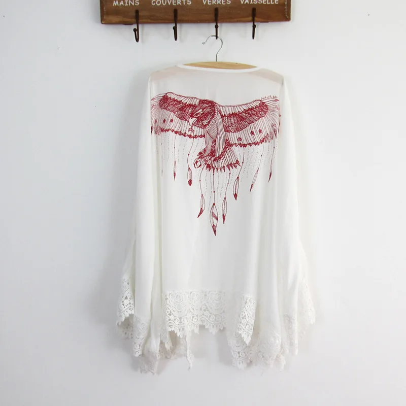2016 New Women Summer Style Casual Lace Crochet Cardigan Kimono Tops Back Eagle Print Long Sleeve Beach Bikini Cover Up Blusas | Женская