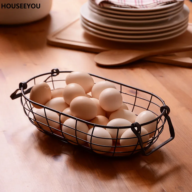 

Retro Rustic Wire Net with Wood Bottom Kitchen Storage & Organization Fruit Egg Basket Multifuction Iron Craft Home Storage Tool
