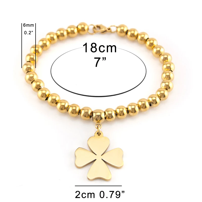 Stainless Steel Four Leaf Clover Heart Charm Bracelet Metal Beads Chain Gift for Wife Girls Wholesale | Украшения и аксессуары