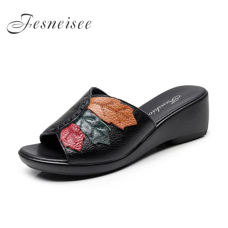 Женские шлепанцы из натуральной кожи ручной работы на танкетке в этническом